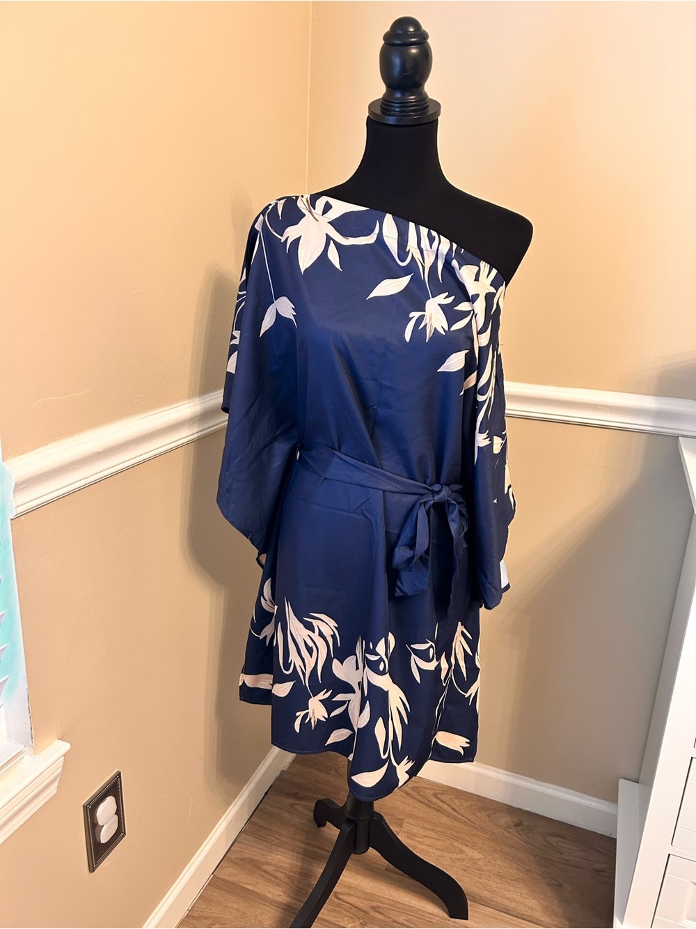 Asymmetrical Navy Floral Wrap Dress with Self-Tie Waist